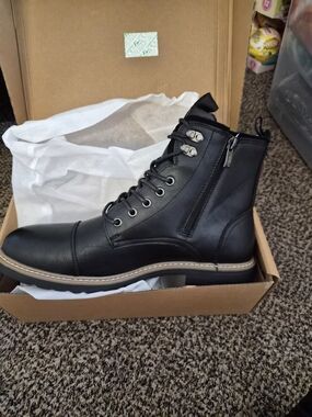 Men's Black Lace-Up Zipper Leather Boots 10.5 NEW